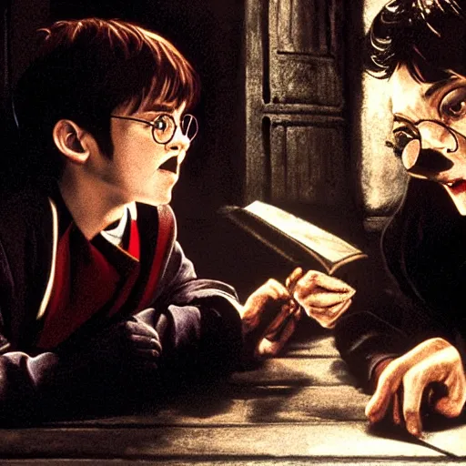 Prompt: a film still of harry potter, artwork by caravaggio