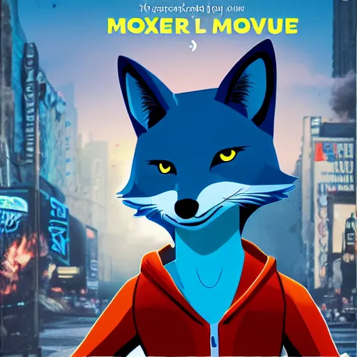 Image similar to modern action adventure movie poster, featuring in anthropomorphic blue fox in a hoodie, promotional movie poster print