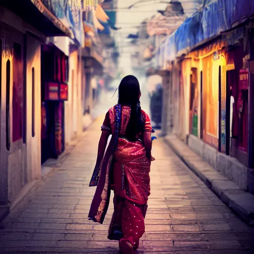 Image similar to a dramatic photograph of a person wearing traditional indian clothes, person wearing indian traditional clothes walking in a modern city, cinematic lighting