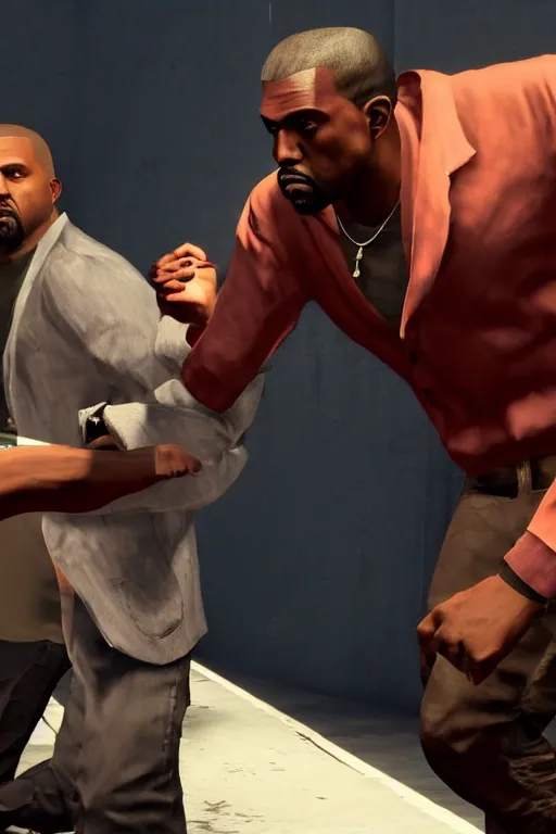 Image similar to kanye west having a fistfight with lester crest from gta v, lester crest, lester from gta v, gta lester, gameplay, grand theft auto v, strong dramatic cinematic lighting, blood red sky, smooth, sharp focus, extremely detailed