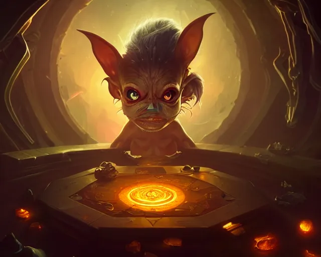 Image similar to a 4 k cinematic screenshot still portrait of a gremlin in a dark liminal space room surrounded by amber, deep focus, d & d, fantasy, intricate, elegant, highly detailed, digital painting, art station, concept art, matte, sharp focus, illustration, dark fantasy style art, hearthstone, art by artgerm and greg rutkowski and alphonse mucha