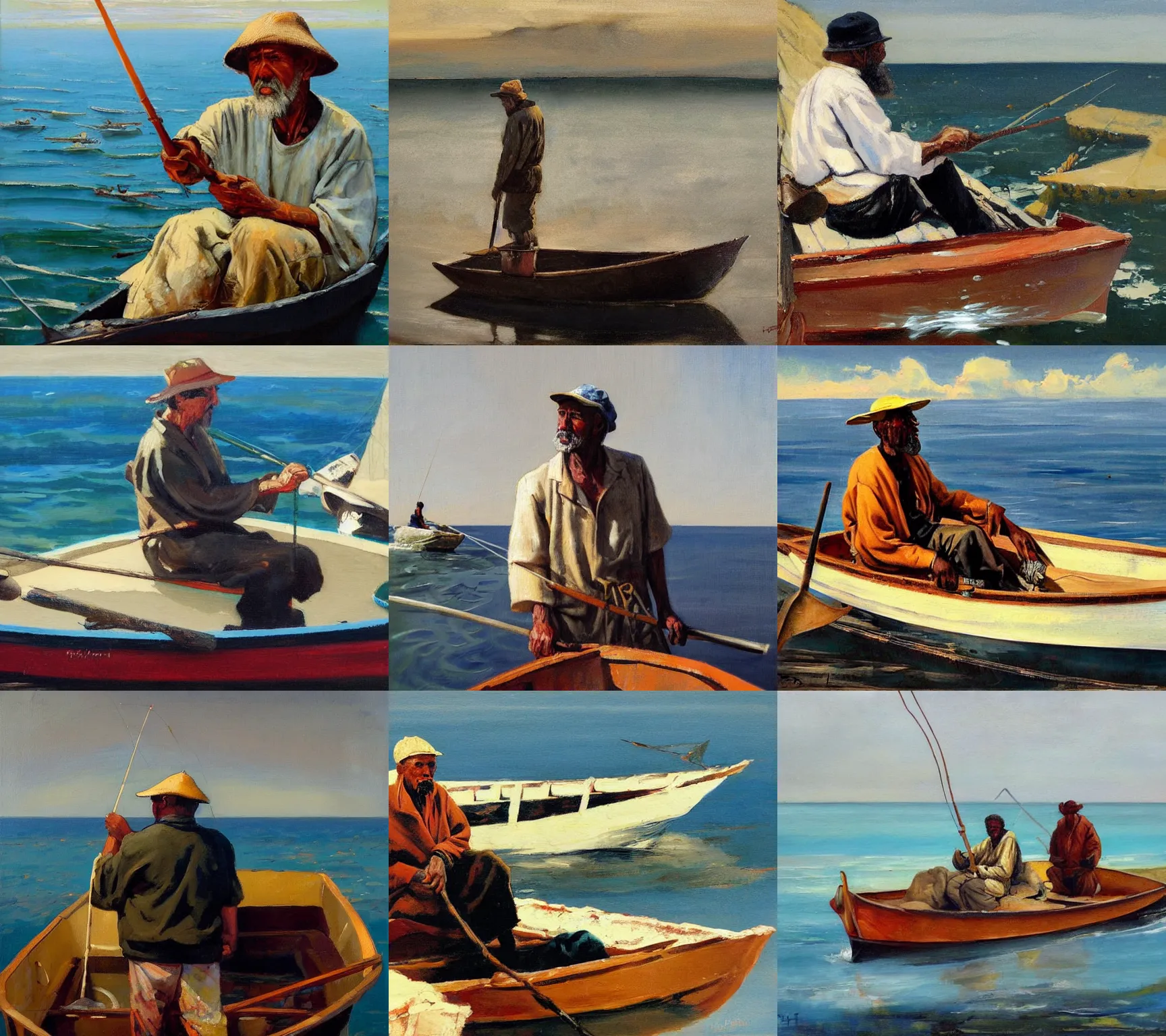 Prompt: painting of wise man as a fisherman on a small boat by the coast by phil hale - h 7 0 4