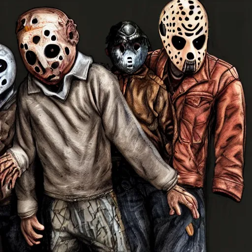 Prompt: photorealistic JasonVoorhees, Freddy Krueger, Leatherface and Ghostface posing for a family picture together
