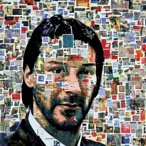 Image similar to portrait of keanu leaves, paper collage, mimmo rotella.