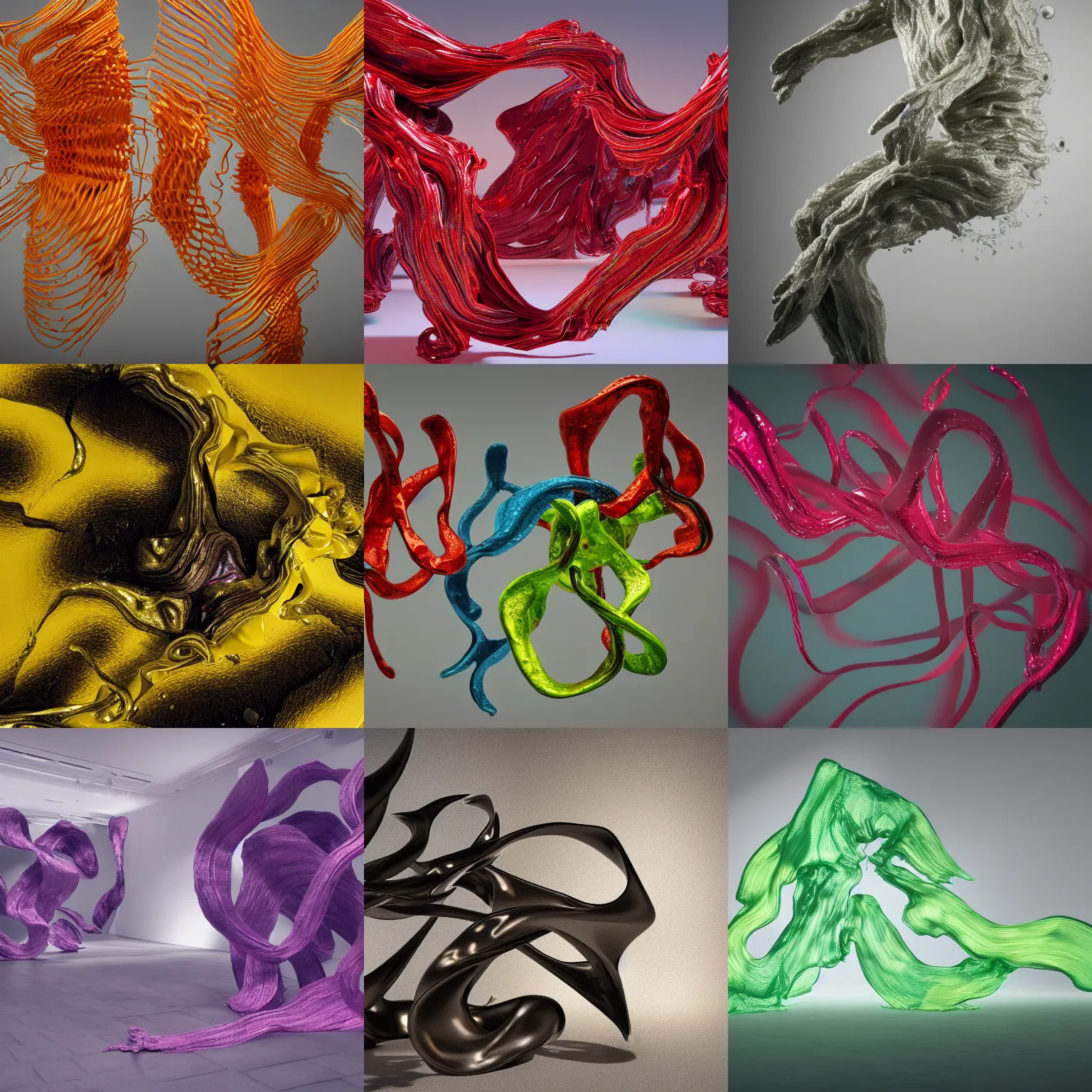 Prompt: Painful pleasures by Lynda Benglis, octane render, 4k, 8k, sharp, with a lot of shadows and movement simulations, stunning, twisted flux, vanishing