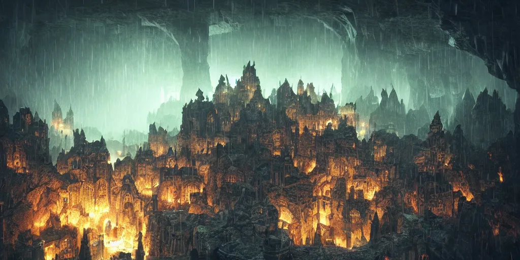 Image similar to A shining dwarven city in a dark cavern, rainy, dark and gloomy atmosphere, fantasy digital art, octane render, beautiful composition, trending on artstation, award-winning photograph, masterpiece