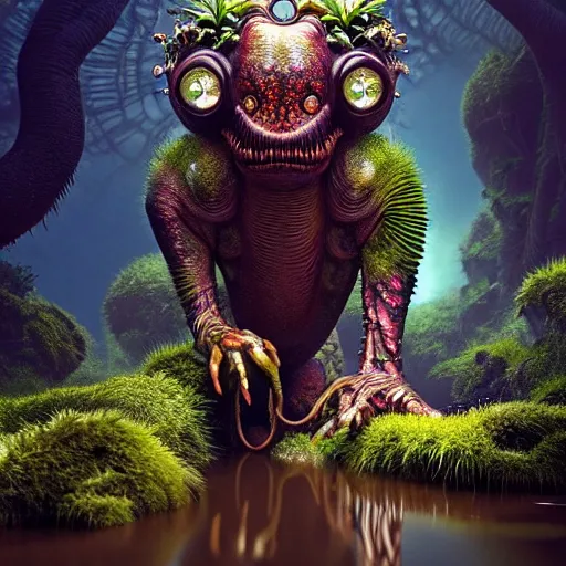 Image similar to creature in a lush trunda vegetation, water reflection, night, backlit, warm tones, bioluminescent : : by michal karcz, daniel merriam, victo ngai and guillermo del toro : : ornate, dynamic, particulate, intricate, elegant, highly detailed, centered, artstation, smooth, sharp focus, octane render, 3 d