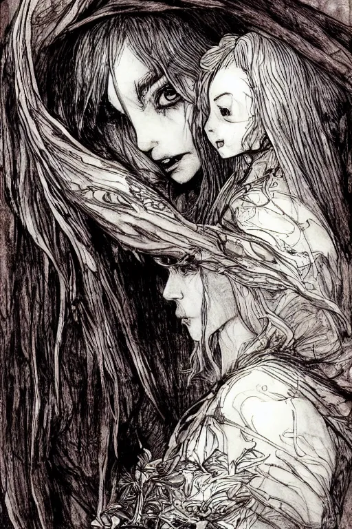 Image similar to portrait of a beautiful little red riding hood sobbing, tears run down her cheeks, as a terrifying werewolf emerges from her back, pen and ink, intricate line drawings, by Yoshitaka Amano, Ruan Jia, Kentaro Miura, Artgerm, watercolor