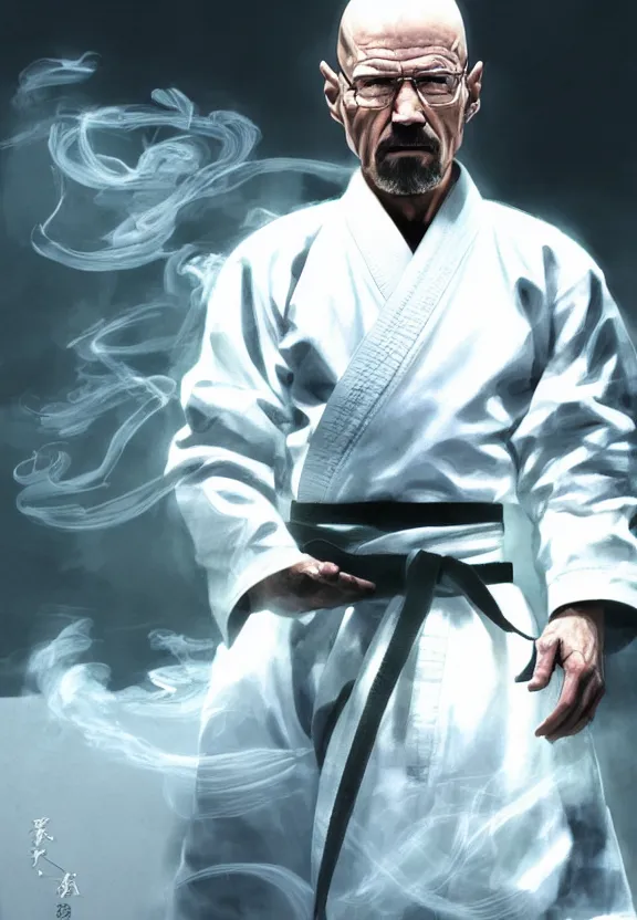 Image similar to serene Concept art of grandmaster walter white wearing a white martial artist gi, bald head and white beard, surrounded by white smoke, smoky, by Chen Uen, art by Yoji Shinkawa, 4k