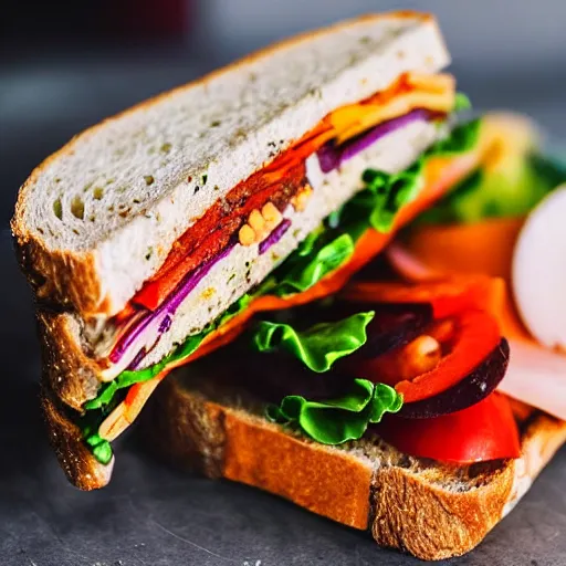 Prompt: close up high resolution photo of vegan sandwich, very tasty, food photography, instagram, trending