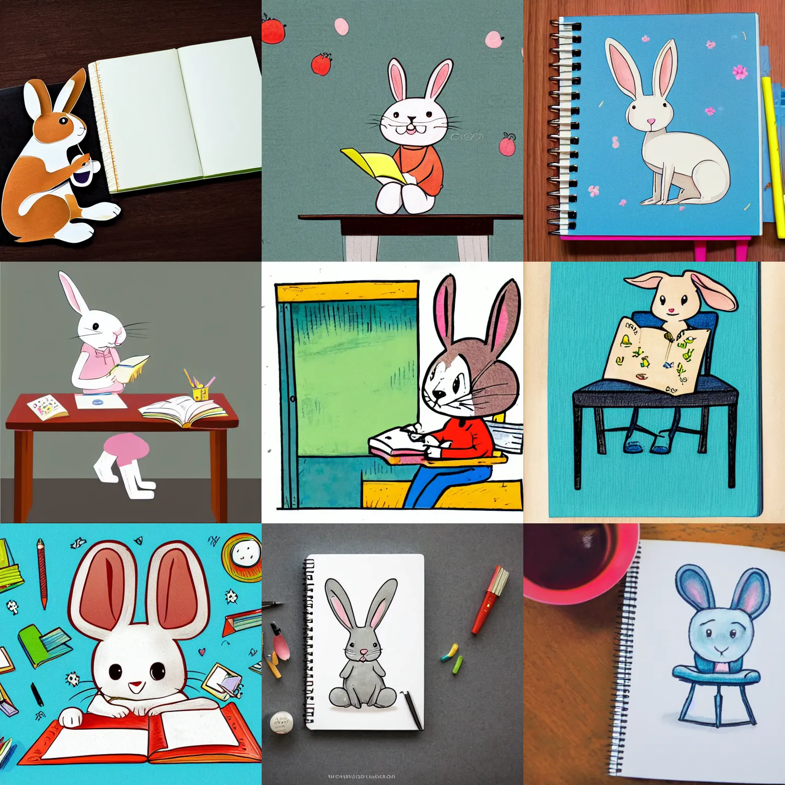 Prompt: a cute cartoon rabbit who sits on a chair and is writing on a notebook that is on a table, Children's Book Illustration, Laura Watson, Andy Catling, Nate Fakes, Basia Tran,