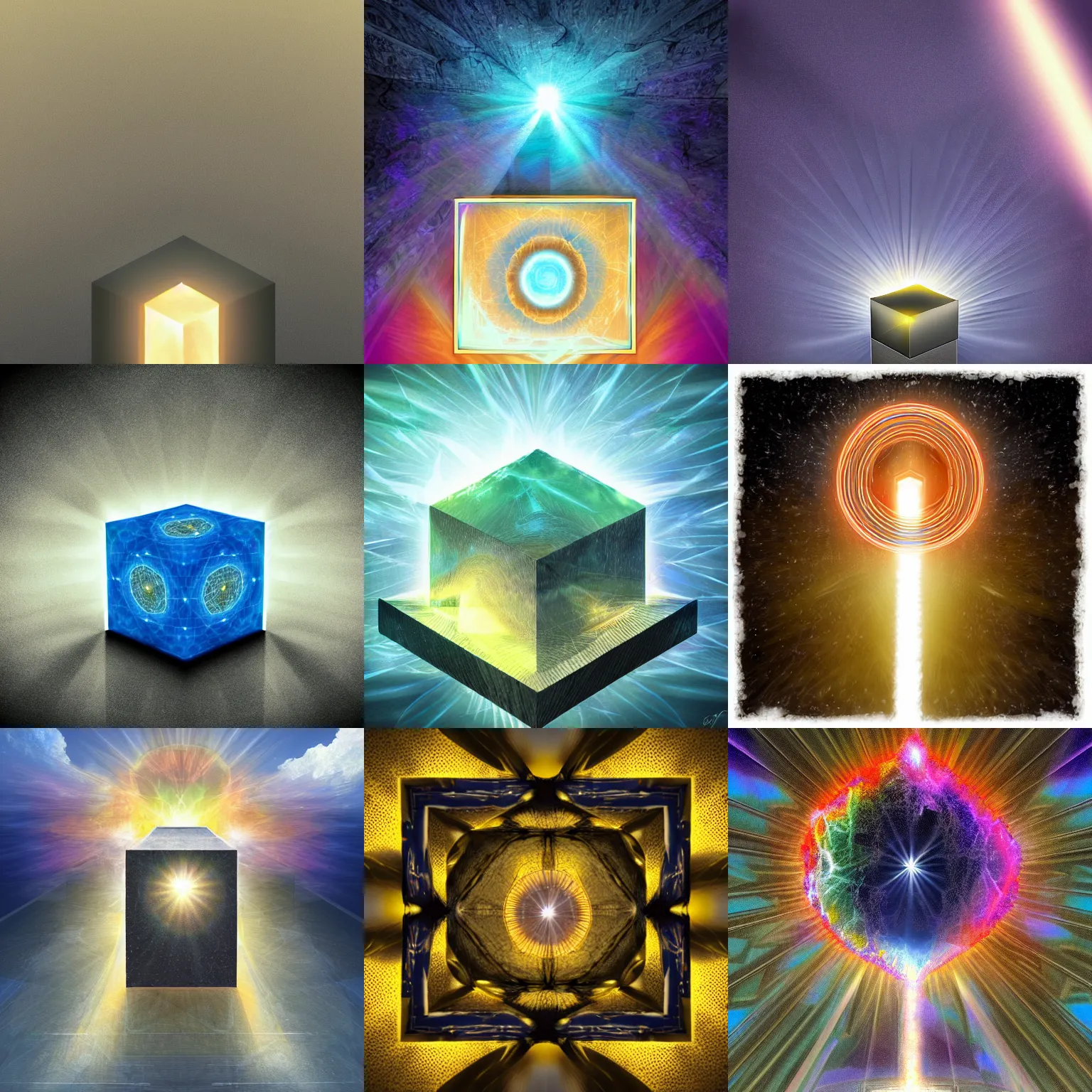 Prompt: The cube of wisdom in front of a halo of light. Digital art, HD, detailed.