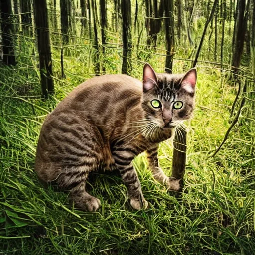 Prompt: a highly detailed cat made entirely of sticks, standing in a clearing in a forest. There is a ray of sunlight shining on it. Faded colors, calm, green feelings