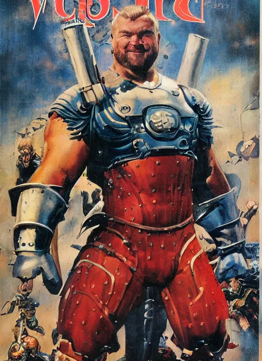 Prompt: full body and head portrait of Hafþór Júlíus Björnsson in science fiction armour, dynamic action, painted by norman rockwell and phil hale and greg staples and tom lovell and frank schoonover and jack kirby