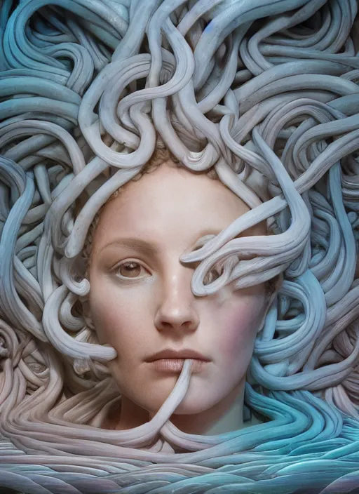 Image similar to medusa made of soft white wax, wooden art nouveau swirls, strong subsurface scattering, cables, tubes, subsurface scattering, in the style of ruan jia and beeple and giger, subsurface scattering, mystical colors, back light, rim light, dramatic lighting, 8 k, stunning scene, raytracing, octane render, trending on artstation