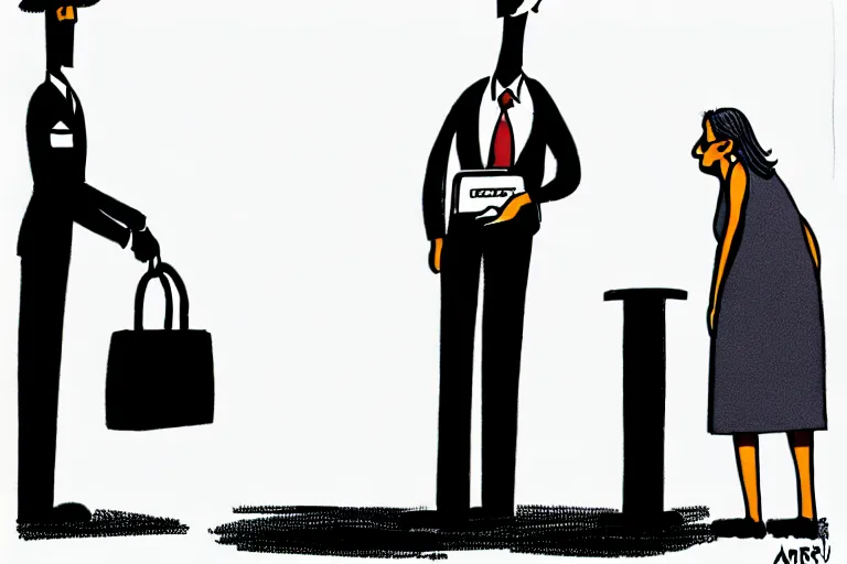 Image similar to tall, security guard checks the bags of a worried looking woman, art in the style of the new yorker,