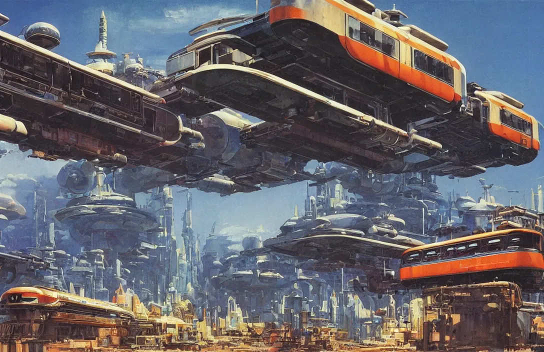 Prompt: a retro futurism elevated railway on colonized planet by robert mccall and john berkey | ralph mcquarrie :. 5