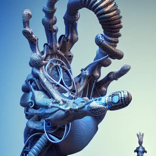 Image similar to tim cook. pointing his finger in the air. mythical organic biomechanical man. futuristic. blue blurry background. highly detailed, intricate steampunk ornate, poetic, 3 d render, digital art, octane render, 8 k artistic photography, photorealistic.