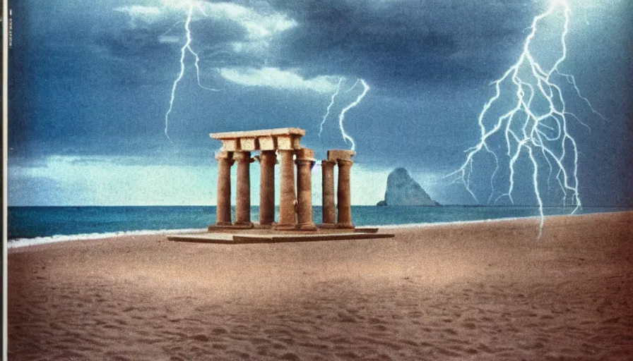 Image similar to A 1985 vintage magazine architecture photo of a beach doric temple, mediterranean architecture, refracted lines and sparkles, thunderstorm outside, beach on the background major arcana sky and occult symbols, hyperrealistic, award-winning, 1985