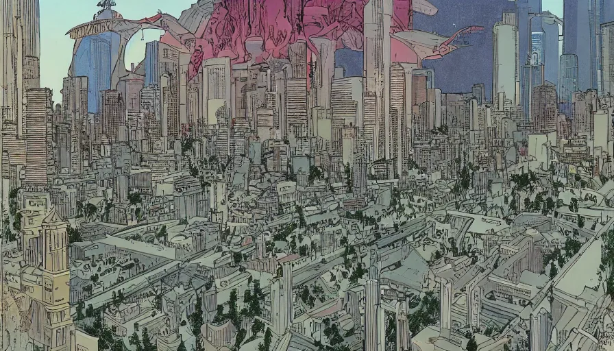 Image similar to ligne claire art of a future city intertwined with nature, street-level view, by Moebius, Eisner award-winning spread