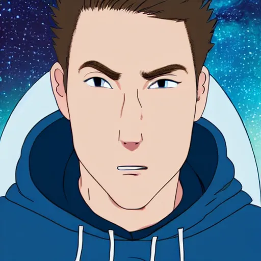Image similar to Guy with dark blonde hair and blue eyes wearing a hoodie in space, Spirited away, astonishing background, detailed face, centered
