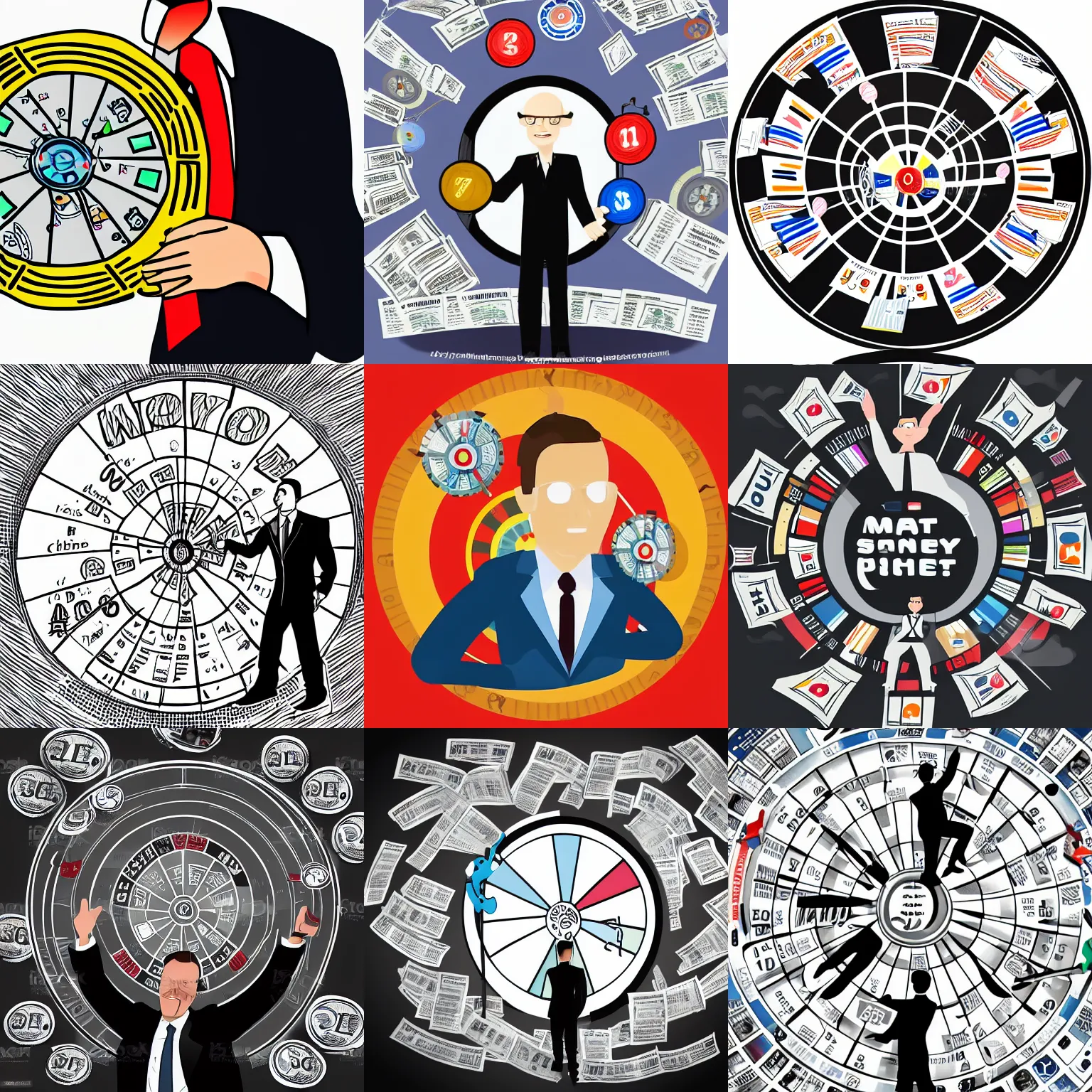 Prompt: man wearing suit spinning price wheel, money, cartoon,newspaper illustration , caricature, b&w, jet fighter background
