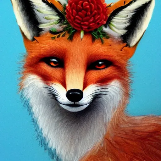 Image similar to portrait of a fox wearing a tiara wreath flowers, fantasy art, d & d, trending on artstation, beautiful art, highly detailed