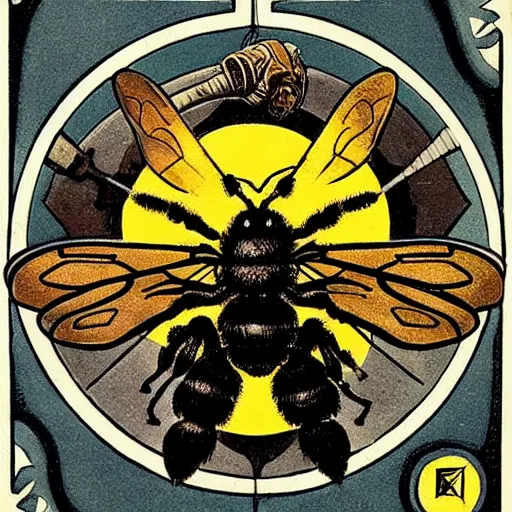 Image similar to a fierce dead bumblebee in the middle of a bloody bullseye at the center of the crosshairs of a gun, art nouveau, fantasy illustration, tarot