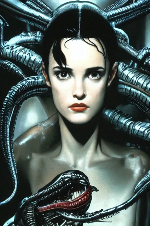 Image similar to beautiful young winona ryder from alien with xenomorph by h.r. giger, detailed, proportional, trending on art station, 4k