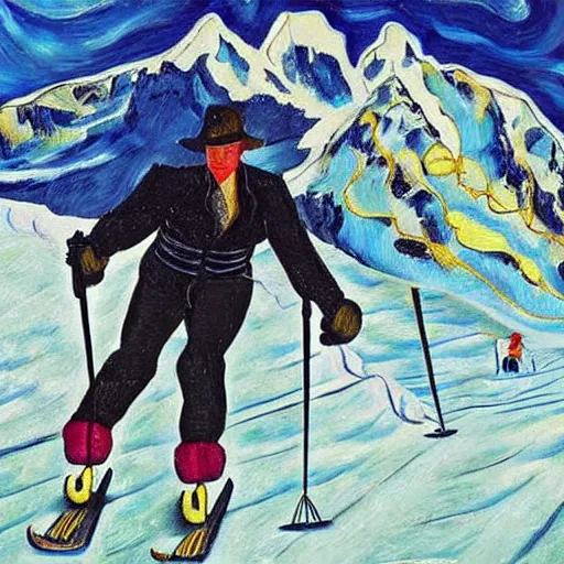 Image similar to oil painting of Frida kahlo skiing down mount Everest with Salvador Dali, in the style of van Gogh