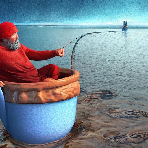 Prompt: a fisherman relaxing in a giant hot chocolate mug,digital art