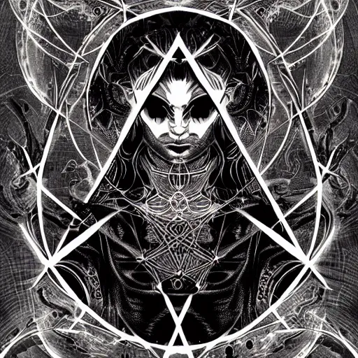 Prompt: shadowy pitch-black void occultist, gnostic sigils, ars goetia, heroine, beautiful symmetrical portrait, intricate complexity, rule of thirds, in the style of Artgerm and Kazuki Tanahashi, character concept