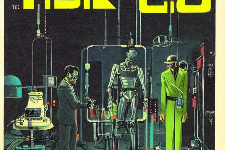 Image similar to 1979 OMNI Magazine Cover depicting Dr Jeckyll and an evil robotic Mr Hyde standing in a laboratory. Cyberpunk Akira style by Vincent Di Fate