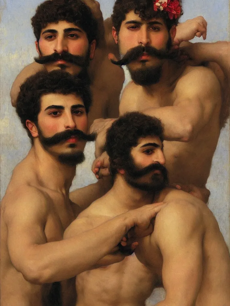 Prompt: close up portrait of 20 years old muscular persian iranian wrestlers handsome men with a mustache kiss, by Bouguereau and victor Nizovtsev