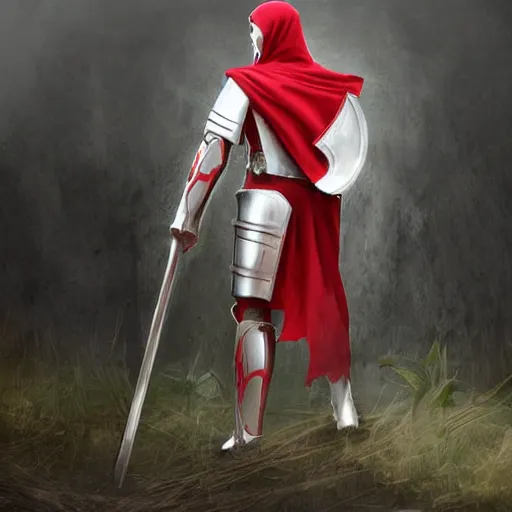 Image similar to man in crusader armor and white cloak with big red cross on it digital art realistic high detail