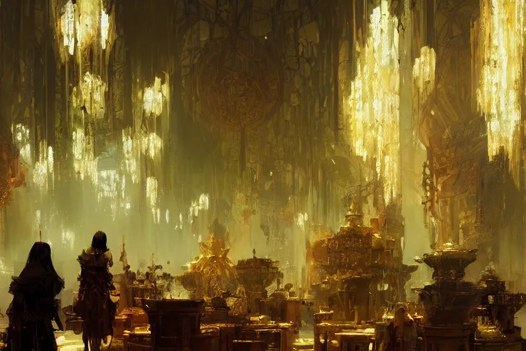 Prompt: fantasy market interior, intricate, elegant, highly detailed, john park, craig mullins, sparth, ruan jia, jeffrey catherine jones