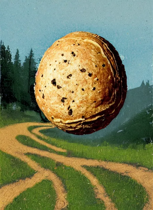 Image similar to an extreme close - up portrait of a spherical bread with face on it on a path in forest, by billy childish, thick visible brush strokes, shadowy landscape painting in the background by beal gifford, vintage postcard illustration, minimalist cover art by mitchell hooks