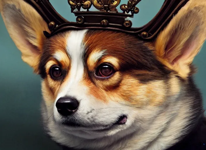 Image similar to highly detailed illustration of a portrait of a regal corgi wearing a crown, artstation, cinematic lighting, hyperdetailed, cgsociety, 8k, high resolution, Charlie Bowater, Tom Bagshaw, Norman Rockwell, insanely detailed and intricate