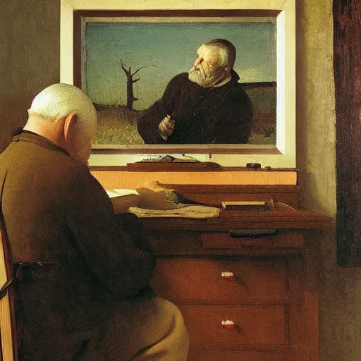 Image similar to weeping desperate grandpa trying to figure out how to send an email sitting in his small room looking at his lenovo thinkpad laptop t 4 1 0 8 gb ram leonardo da vinci giotto jamie wyeth greg rutkowski winslow homer thomas eakins lucian freud edward hopper j. m. w. turner oil painting