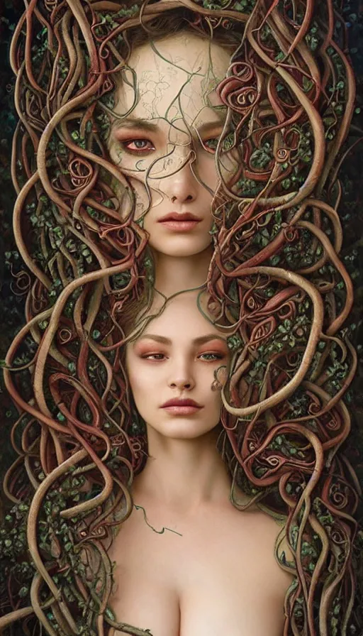 Image similar to very detailed portrait of a 2 0 years old girl surrounded by tentacles, the youg woman visage is blooming from fractal and vines, by karol bak