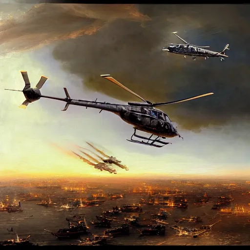 Image similar to a painting of helicopter getting shot down in the gulf war by Bernardo Bellotto, high detail, hyperrealistic, concept art, artstation, 8k