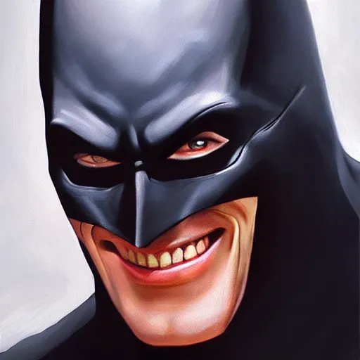 Image similar to An ultra-realistic portrait painting of Batman smiling in the style of Alex Ross. 4K. Ultra-realistic. Highly detailed. Epic lighting.