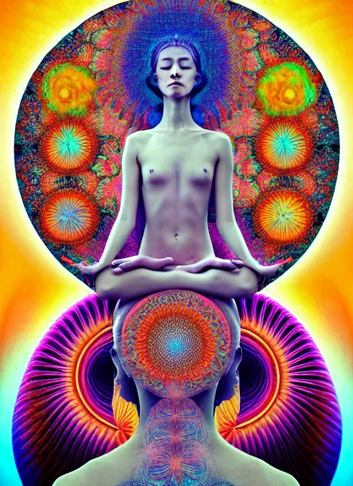 Prompt: ridiculously beautiful young woman meditating, psychedelics, nature, coral, birds, symmetrical, in the style of ernst haeckel, effervescent, sacred geometry, warm, surrealism, photo realistic, epic and cinematic,