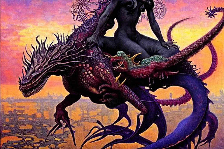 Image similar to realistic extremely detailed closeup portrait painting of a beautiful black woman riding mutant dragon, dystopian city on background by Jean Delville, Amano, Yves Tanguy, Ilya Repin, Alphonse Mucha, Ernst Haeckel, Edward Hopper, Edward Robert Hughes, Roger Dean, heavy metal 1981, rich moody colours