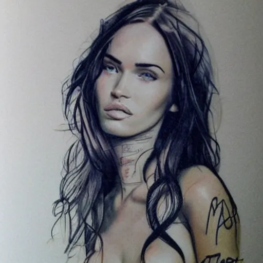 Image similar to realistic tattoo sketch of megan fox face photoshop double exposure effect with a mountain scenery, in the style of matteo pasqualin, amazing detail, sharp, faded