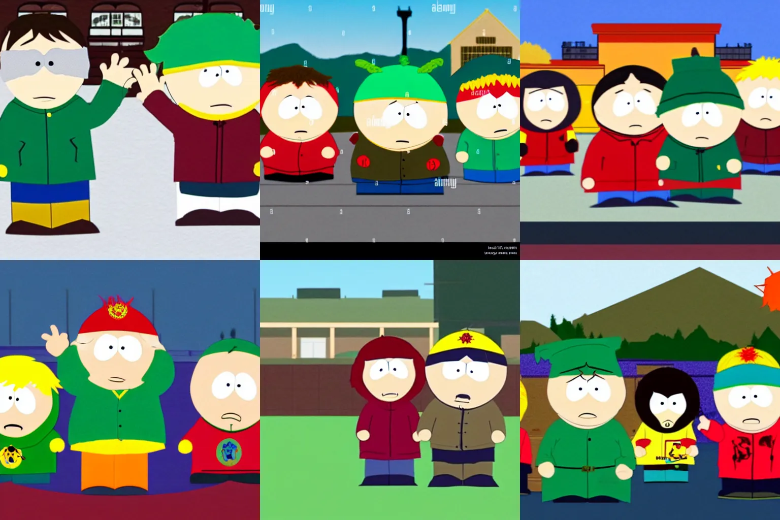 Prompt: Southpark. Satan stands next to Kenny. both are waving and smiling at the camera. school is in the background, it is afternoon, the sun is shining. wide shot.