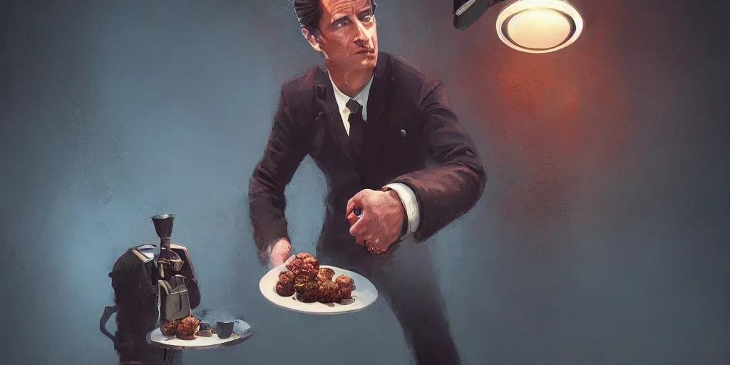 Image similar to Kyle Mclacklan as agent Dale Cooper is eating meatballs, Greg Rutkowski, Darek Zabrocki, Karlkka, Jayison Devadas, Phuoc Quan, trending on Artstation, 8K, ultra wide angle, pincushion lens effect.