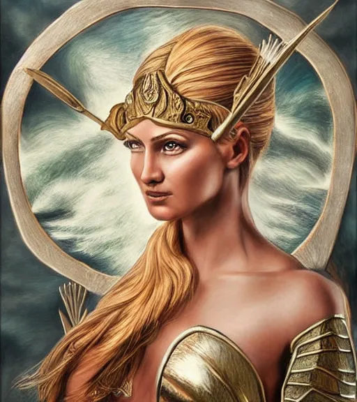 Image similar to drawing of the beautiful greek goddess aphrodite, arrow warrior, fantasy art, hyper realistic, amazing detail, in the style of robert rutkowski