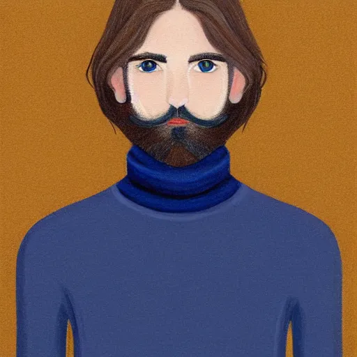 Image similar to gangly man with short dark blond wavy hair, dark blond trimmed beard, English heritage, blue eyes, middle aged, wearing a turtleneck and jacket, pale skin, narrow face, digital art, painterly, cartoon, cute, 8k, illustration, art by loish, painterly, trending on artstation, medium shot, uncropped