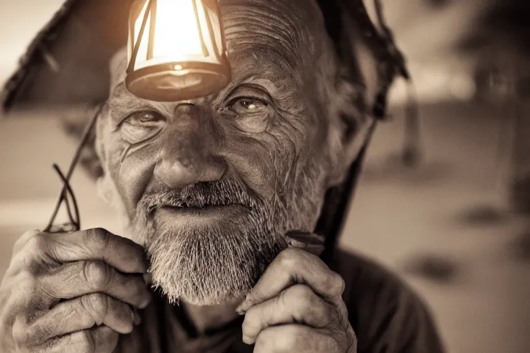 Image similar to closeup old man holding up a lantern on the beach in a pirate ship bay meet to a old wood shack by emmanuel lubezki